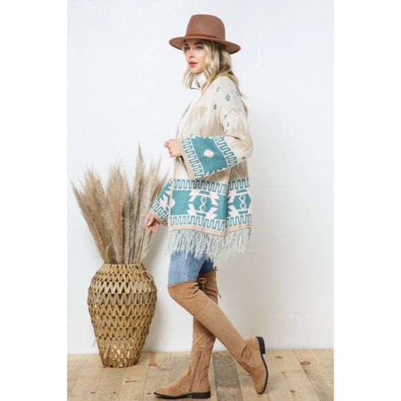 SOLD OUT Taupe Teal Bell Sleeve Aztec Western Tribal Fringe Knit Boho Cardigan - Picture 9 of 10